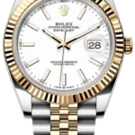 Two-tone Rolex Datejust wristwatch with a white dial, gold fluted bezel, and two-tone bracelet showing gold center links and silver outer links, date window at 3 o'clock