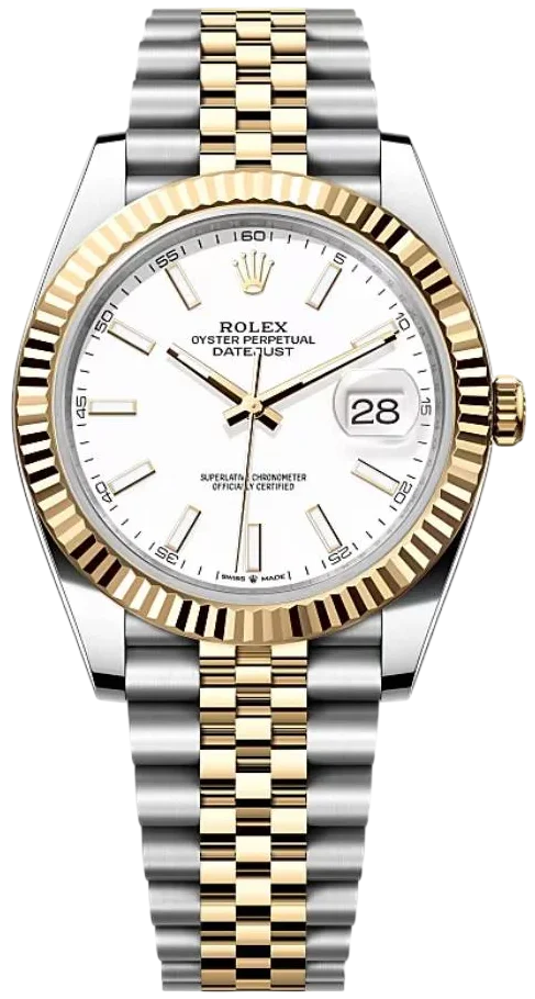 Two-tone Rolex Datejust wristwatch with a white dial, gold fluted bezel, and two-tone bracelet showing gold center links and silver outer links, date window at 3 o'clock