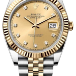Two-tone Rolex Datejust watch with gold bezel, champagne dial, diamond hour markers, and date window at 3 o'clock.