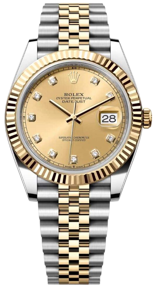 Two-tone Rolex Datejust watch with gold bezel, champagne dial, diamond hour markers, and date window at 3 o'clock.