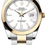 Two-tone Rolex Oyster Perpetual Datejust wristwatch with a gold bezel and silver-gold bracelet, white dial, and a date window showing 28.