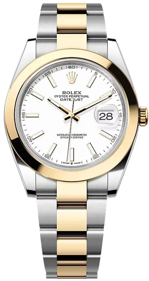 Two-tone Rolex Oyster Perpetual Datejust wristwatch with a gold bezel and silver-gold bracelet, white dial, and a date window showing 28.