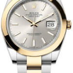 Rolex Oyster Perpetual Datejust wristwatch with a two-tone gold and steel bracelet, silver dial, and date window at 3 o'clock.