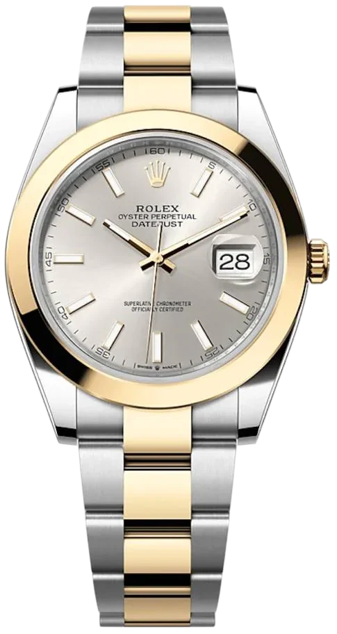 Rolex Oyster Perpetual Datejust wristwatch with a two-tone gold and steel bracelet, silver dial, and date window at 3 o'clock.