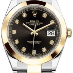 Rolex Datejust wristwatch with black dial, diamond hour markers, gold bezel and two-tone gold–steel bracelet, date display at 3.