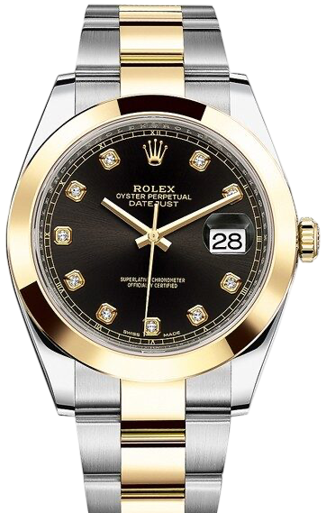 Rolex Datejust wristwatch with black dial, diamond hour markers, gold bezel and two-tone gold–steel bracelet, date display at 3.