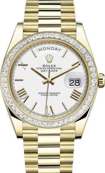 Gold Rolex Day-Date wristwatch with diamond bezel, white dial, Roman numerals, day at 12, date 28, and gold bracelet