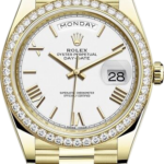 Gold Rolex Day-Date watch with diamond bezel and president bracelet showing Monday and date 28, elegant luxury timepiece