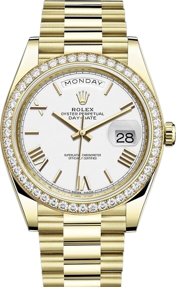 Gold Rolex Day-Date watch with diamond bezel and president bracelet showing Monday and date 28, elegant luxury timepiece
