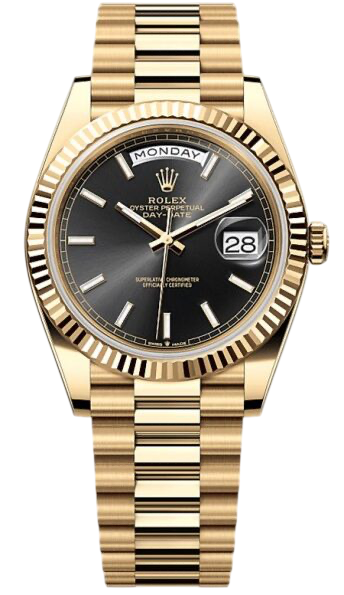 Gold Rolex Day-Date wristwatch with black dial, day and date windows, fluted bezel, and President bracelet.