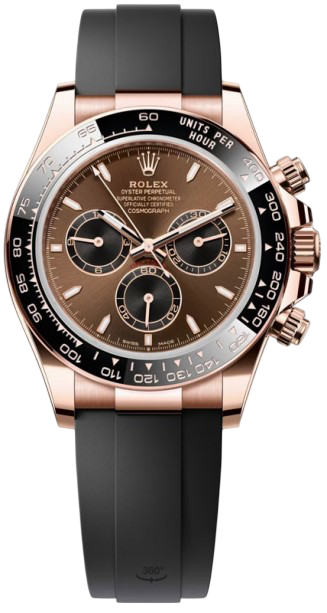 Rose gold Rolex Daytona watch with black ceramic bezel and dark brown dial, attached to a black rubber strap.