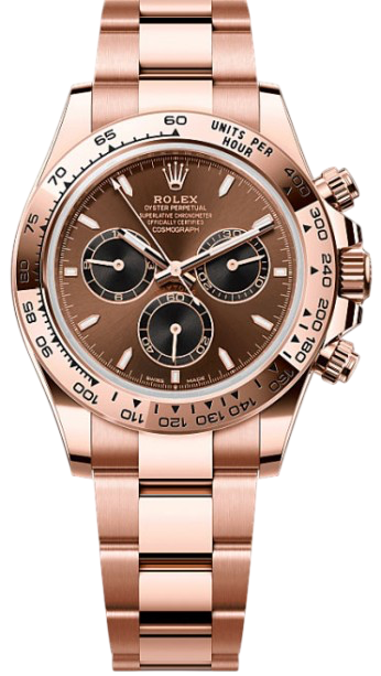 Rose gold Rolex chronograph with brown dial, three subdials, and tachymeter bezel on a matching bracelet.