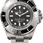 Stainless steel Rolex Deepsea dive watch with black bezel and metal bracelet on a white background (product image).
