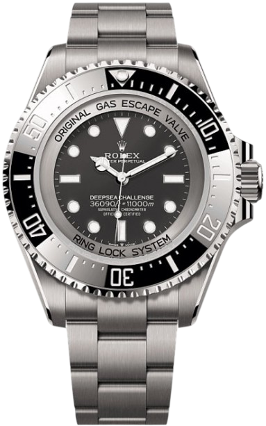 Stainless steel Rolex Deepsea dive watch with black bezel and metal bracelet on a white background (product image).