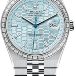 Rolex Oyster Perpetual Land‑Dweller watch with ice-blue dial, diamond bezel, and stainless steel bracelet