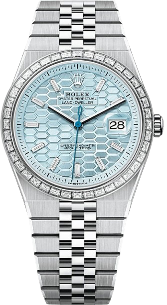 Rolex Oyster Perpetual Land‑Dweller watch with ice-blue dial, diamond bezel, and stainless steel bracelet