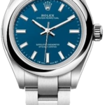 Rolex Oyster Perpetual stainless steel wristwatch with blue dial and silver baton markers visioned on a metal bracelet.