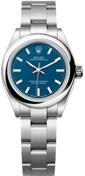 Rolex Oyster Perpetual stainless steel wristwatch with blue dial and silver baton markers visioned on a metal bracelet.