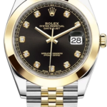 Two-tone Rolex Datejust watch with black dial, diamond markers, gold bezel, and silver-gold Jubilee bracelet; date window at 3.
