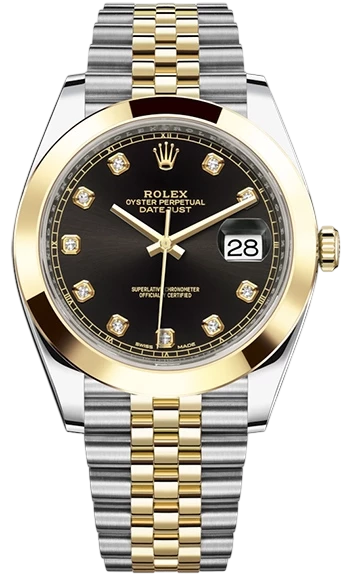 Two-tone Rolex Datejust watch with black dial, diamond markers, gold bezel, and silver-gold Jubilee bracelet; date window at 3.