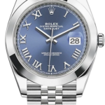 Rolex Oyster Perpetual Datejust stainless steel watch with blue dial, Roman numeral markers, date window at 3 o'clock, and metal bracelet.