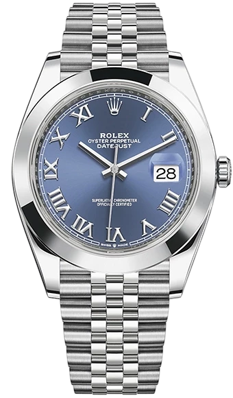 Rolex Oyster Perpetual Datejust stainless steel watch with blue dial, Roman numeral markers, date window at 3 o'clock, and metal bracelet.