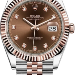 Rolex Datejust watch with brown dial, diamond hour markers, date window at 3, and two-tone steel and rose gold bracelet.