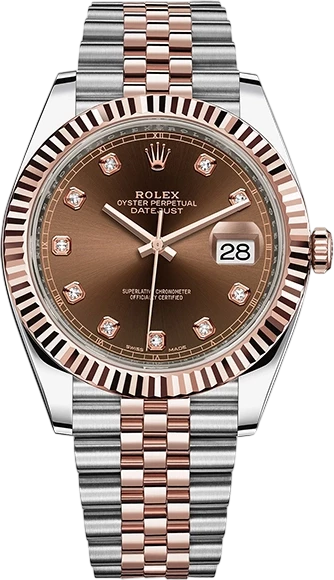 Rolex Datejust watch with brown dial, diamond hour markers, date window at 3, and two-tone steel and rose gold bracelet.
