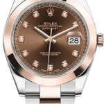 Rolex Oyster Perpetual Datejust watch with a brown dial, diamond hour markers, and a two-tone rose gold and stainless steel bracelet; date window at 3 o'clock.
