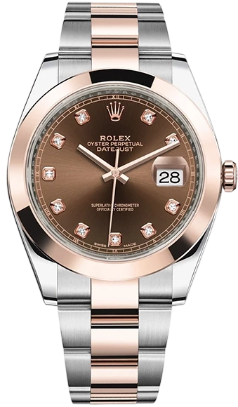 Rolex Oyster Perpetual Datejust watch with a brown dial, diamond hour markers, and a two-tone rose gold and stainless steel bracelet; date window at 3 o'clock.