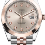 Rolex Oyster Perpetual Datejust two-tone watch with rose gold bezel, champagne dial, diamond hour markers, and date window at 3 o'clock.