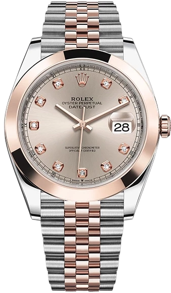 Rolex Oyster Perpetual Datejust two-tone watch with rose gold bezel, champagne dial, diamond hour markers, and date window at 3 o'clock.
