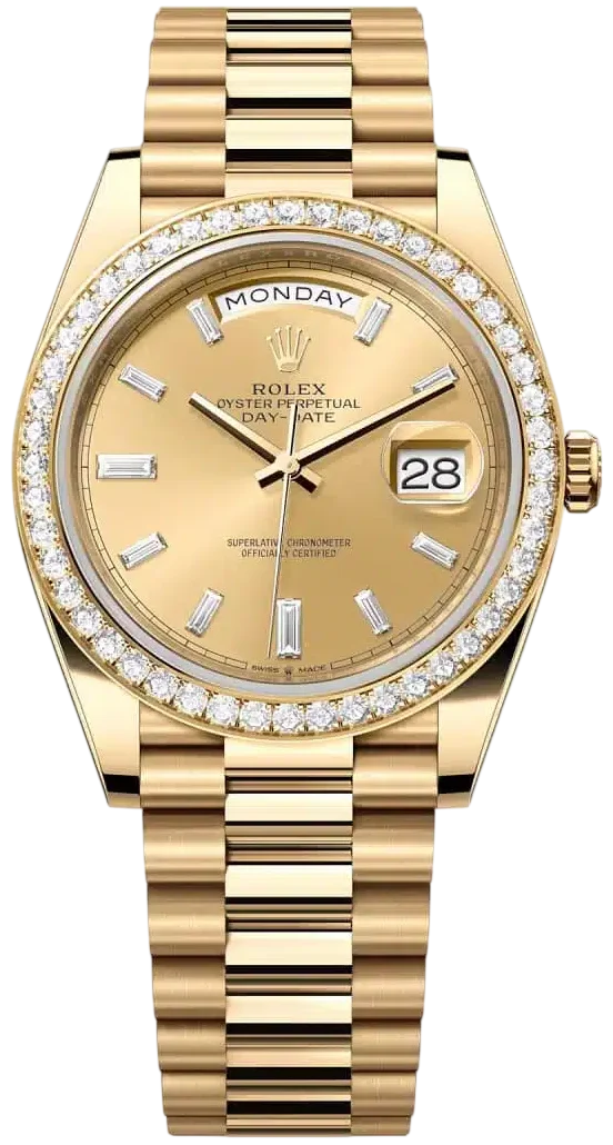 Gold Rolex Day-Date watch with diamond bezel and Jubilee bracelet; day window at 12 shows MONDAY, date 28 at 3 o’clock.