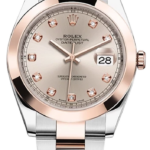 Rolex Datejust wristwatch in two-tone steel and rose gold with diamond hour markers and a date window showing 28