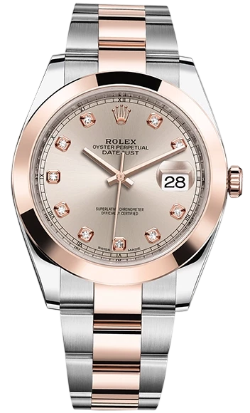 Rolex Datejust wristwatch in two-tone steel and rose gold with diamond hour markers and a date window showing 28