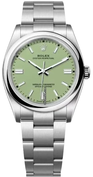 Stainless steel Rolex Oyster Perpetual wristwatch with a light green dial, silver hour markers, and a metal bracelet.