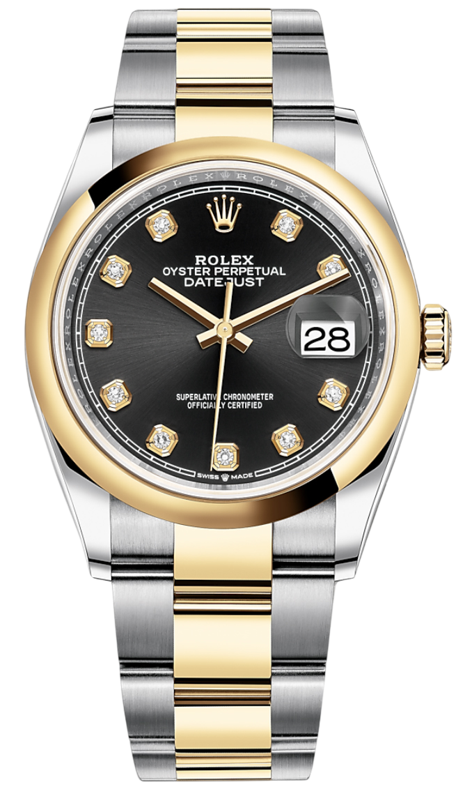 Two-tone Rolex Datejust wristwatch with diamond hour markers and black dial, gold bezel, and date window at 3 o'clock (cyclops lens)