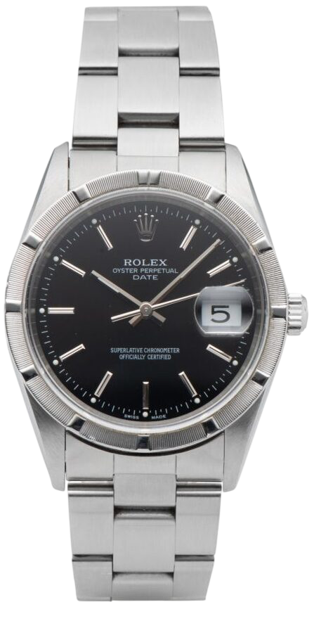 Rolex Oyster Perpetual Date stainless steel wristwatch with black dial and date magnifier showing 5.