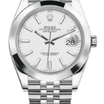 Stainless steel Rolex Datejust wristwatch with white dial and date window at 3 o'clock on a Jubilee bracelet