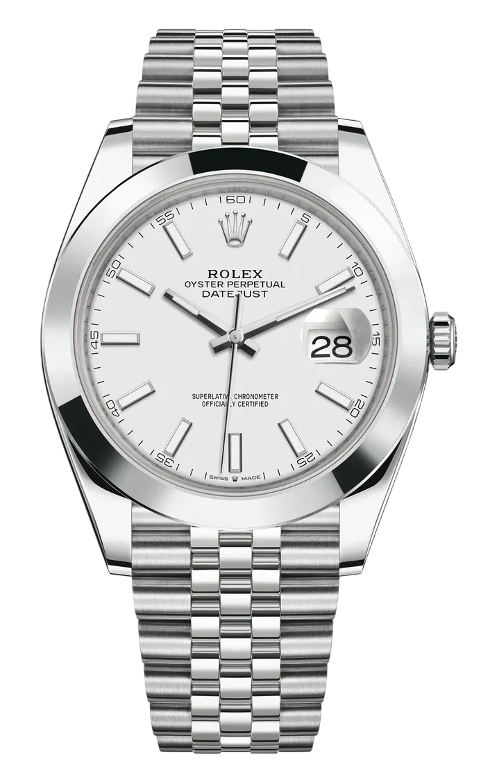 Stainless steel Rolex Datejust wristwatch with white dial and date window at 3 o'clock on a Jubilee bracelet