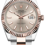 Rolex Oyster Perpetual Datejust two-tone watch with rose-gold bezel and steel bracelet, showing date at 3 o'clock.