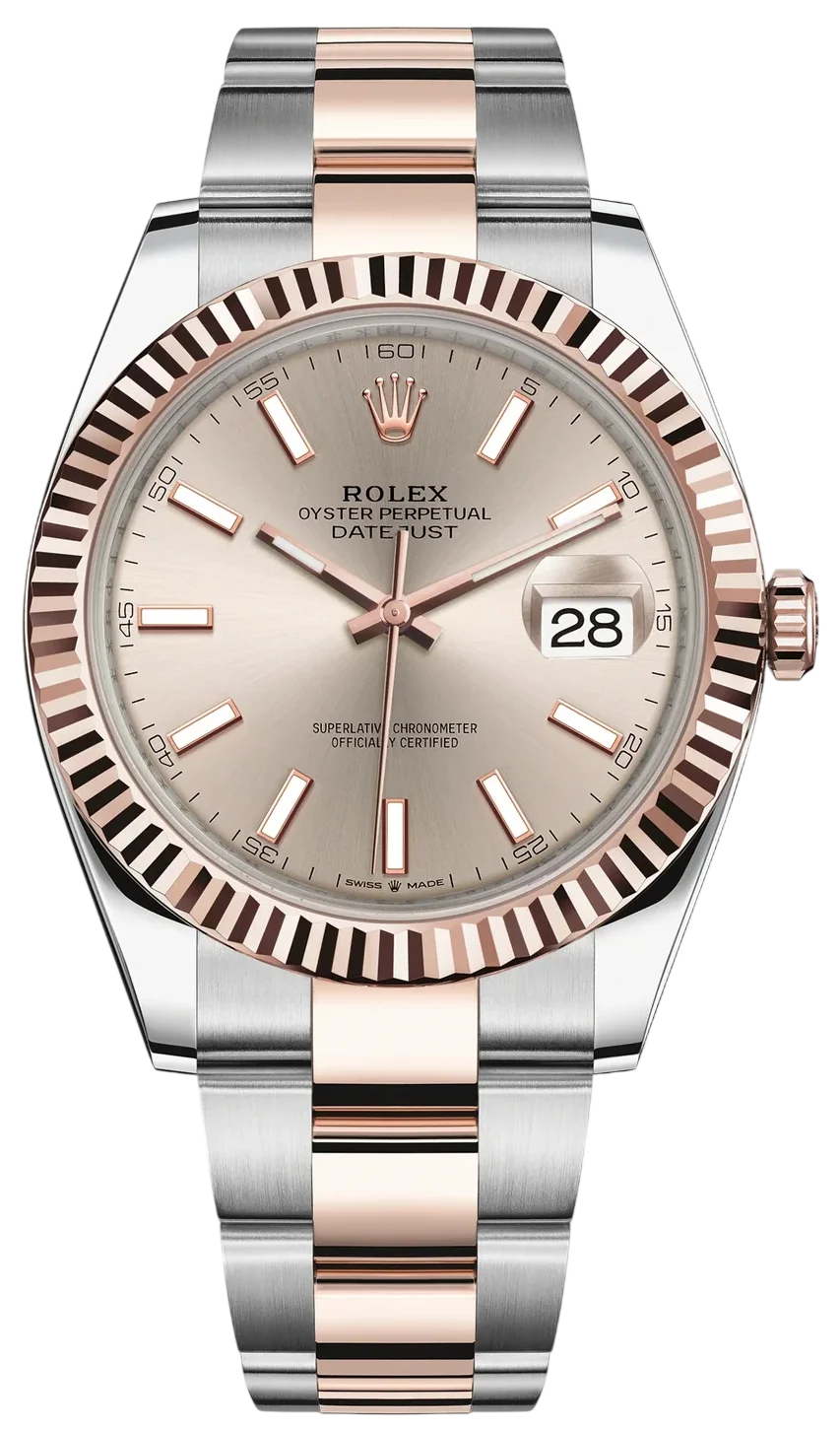 Rolex Oyster Perpetual Datejust two-tone watch with rose-gold bezel and steel bracelet, showing date at 3 o'clock.