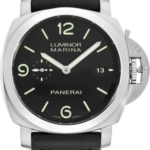 Panerai Luminor Marina wristwatch with black dial, luminous numerals, date window at 3, and black rubber strap.