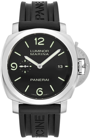 Panerai Luminor Marina wristwatch with black dial, luminous numerals, date window at 3, and black rubber strap.