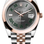Two-tone Rolex Datejust watch with rose-gold bezel, green Roman numeral dial, and a silver–rose gold Jubilee bracelet, date window at 3 o'clock