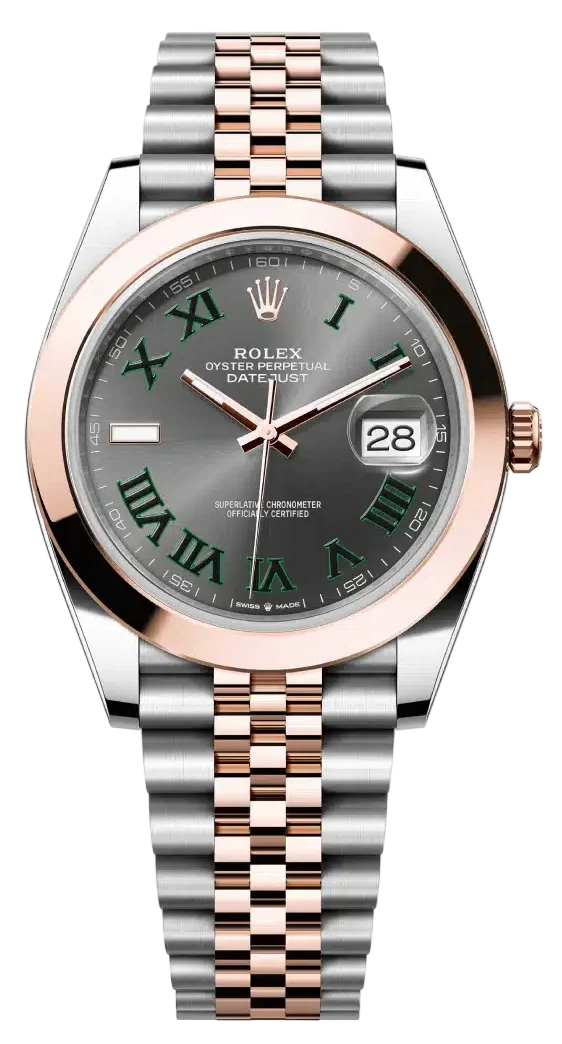 Two-tone Rolex Datejust watch with rose-gold bezel, green Roman numeral dial, and a silver–rose gold Jubilee bracelet, date window at 3 o'clock