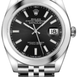 Rolex Oyster Perpetual Datejust watch with black dial and date window showing 18, in stainless steel bracelet