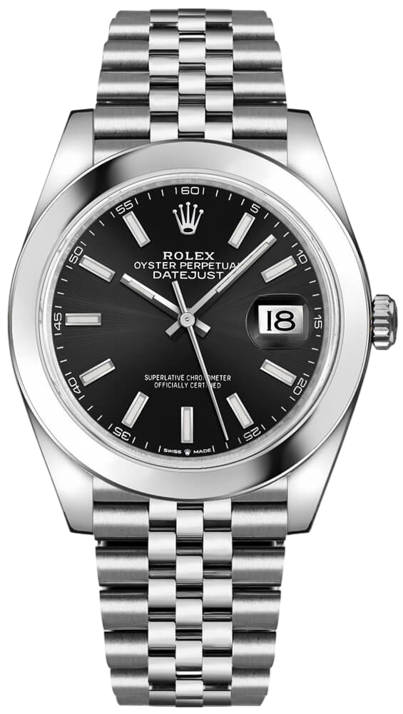 Rolex Oyster Perpetual Datejust watch with black dial and date window showing 18, in stainless steel bracelet