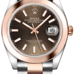 Two-tone Rolex Datejust wristwatch with rose-gold bezel and brown dial, date window at 3 o'clock with magnifier.