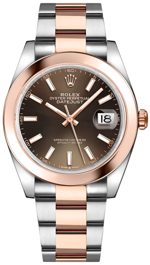 Two-tone Rolex Datejust wristwatch with rose-gold bezel and brown dial, date window at 3 o'clock with magnifier.